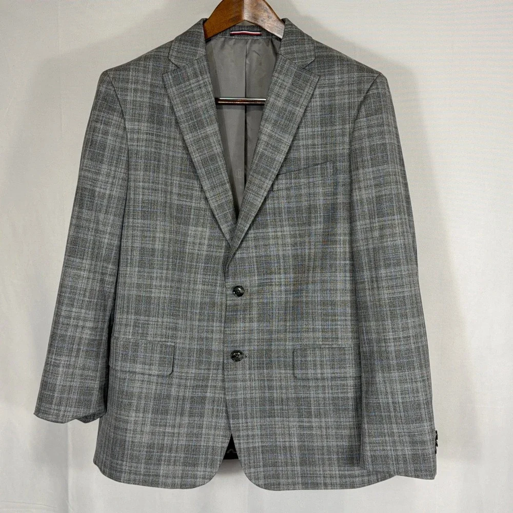 Tommy Hilfiger Blazer Glen Plaid Two Button‎ Sport Coat Mens Grey Blue 44R